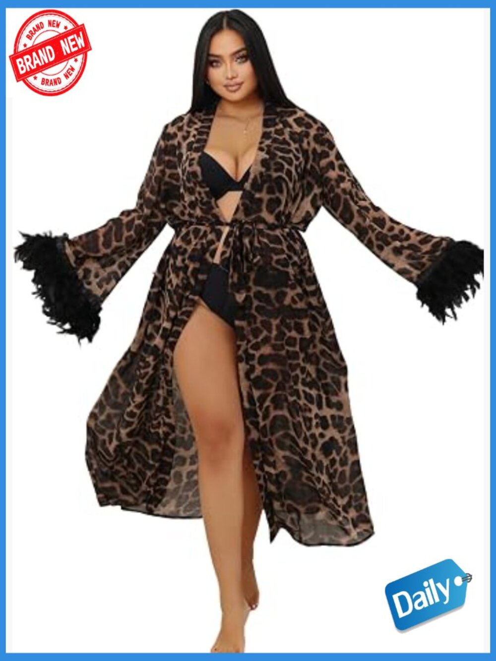 Long Lace Kimono Robe Sheer Cover Up Gown with Removable Feather Cuffs